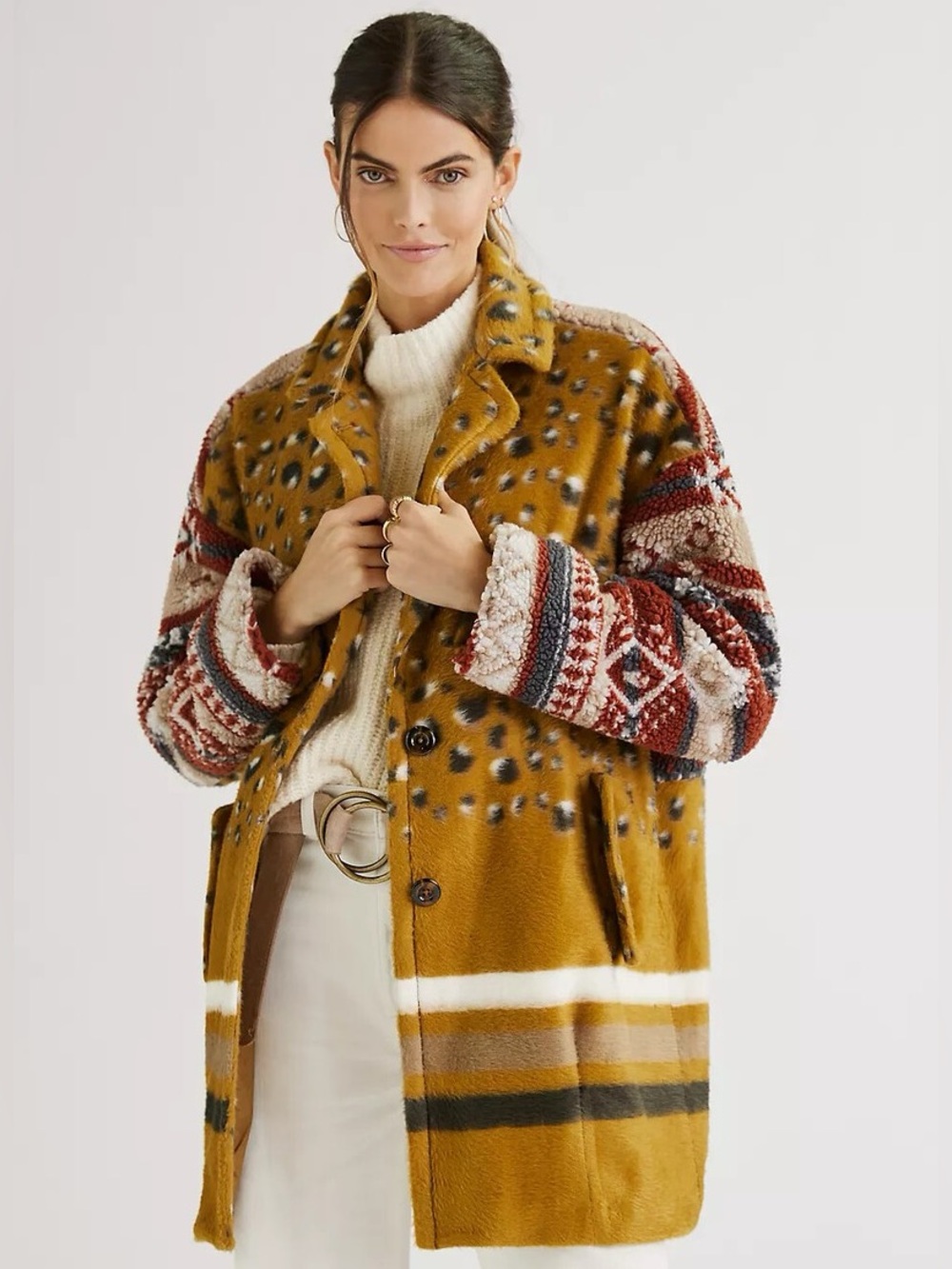 Pilcro Anthropologie Mustard Print Faux Fur Coat
